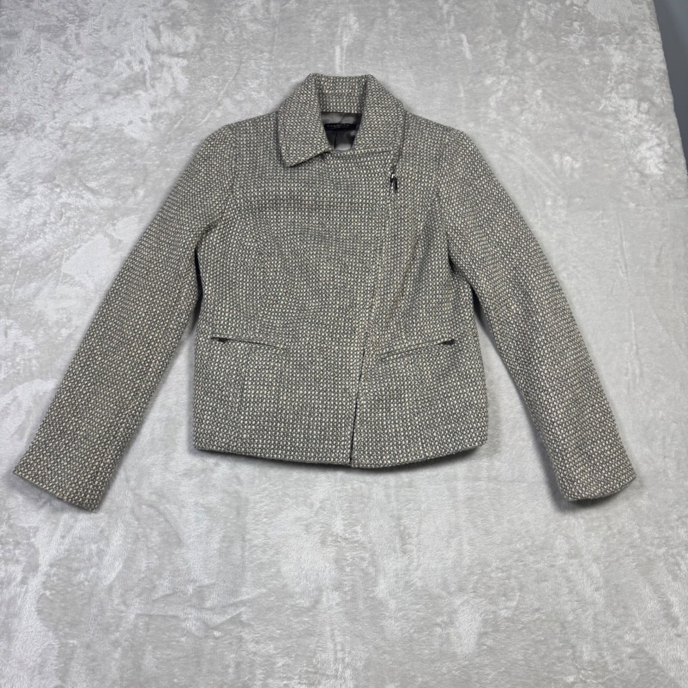 Talbots Petites‎ 4P Gray Tweed Wool Blend Jacket Career Moto Zip Front Metallic